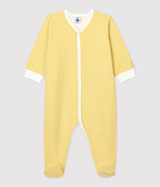 Tutina pigiama beb&egrave; millerighe giallo in cotone biologico giallo/bianco